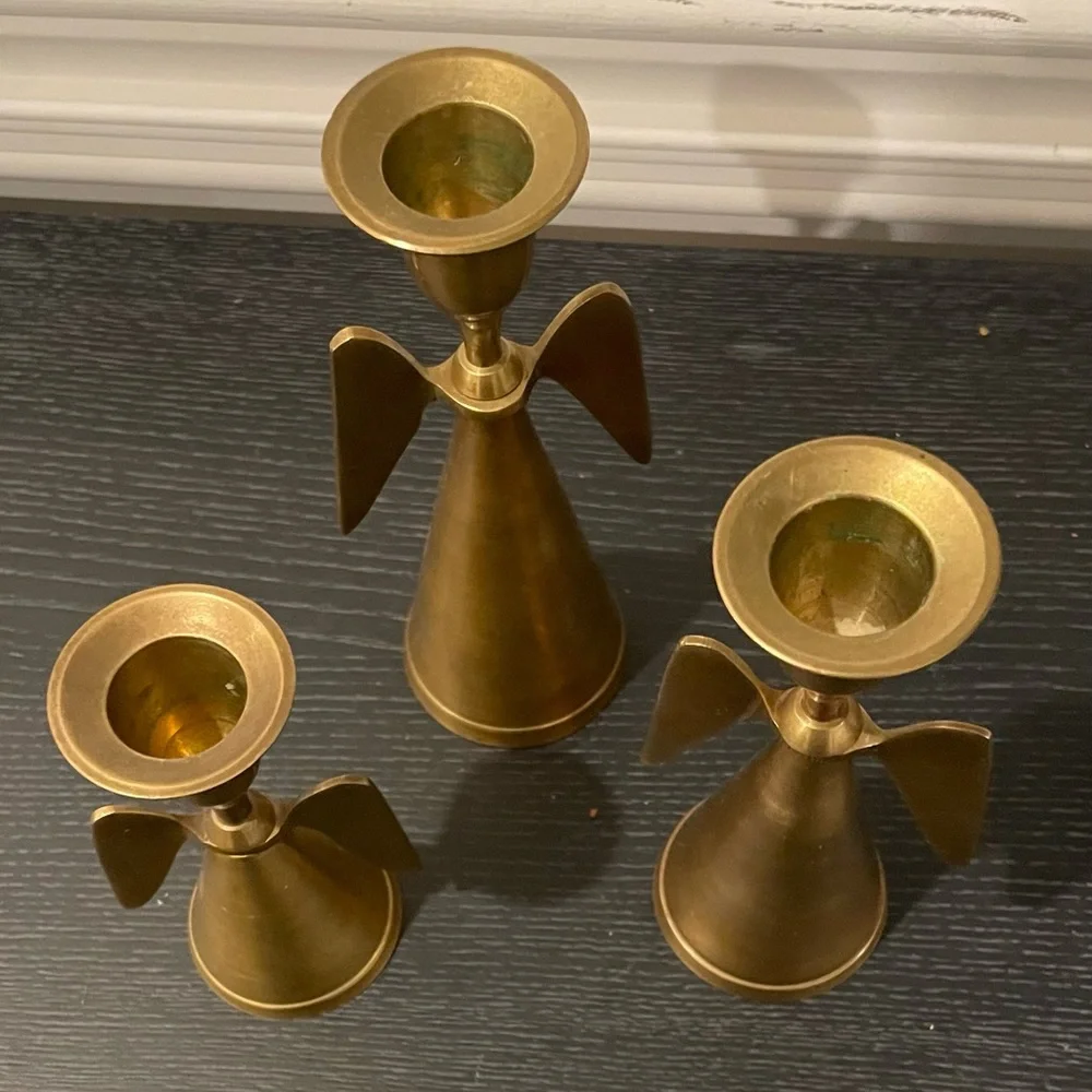 Set Of 3 Mid Century Brass Angel Wing Candle Holder Christmas MCM Taper